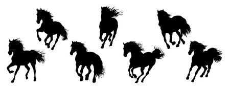 Set of running wild horse black silhouettes. Monochrome vector illustrations, icons isolated on white background.のイラスト素材