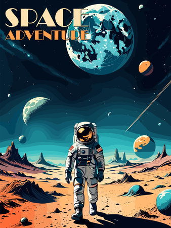 Astronaut in space retro Poster, background, cover. Space and the universe concept. Cosmonaut in spacesuit walking on a desert planet. Vintage style vector colorful illustration.のイラスト素材