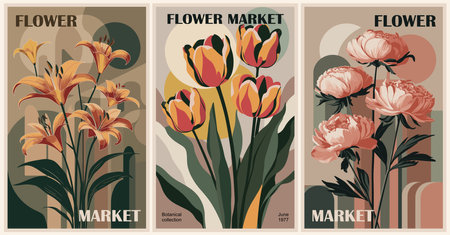 Set of abstract Flower Market posters. Trendy botanical wall arts with floral design in earth tone colors. Modern naive groovy funky interior decorations, paintings. Vector art illustration.のイラスト素材