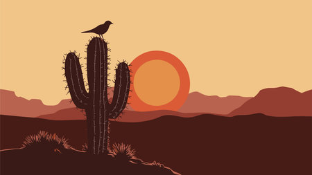 Abstract desert background with a bird is perched on a cactus. The sun is setting in the background, casting a warm glow over the landscape. Concept of solitude and tranquility. Vector illustration.のイラスト素材