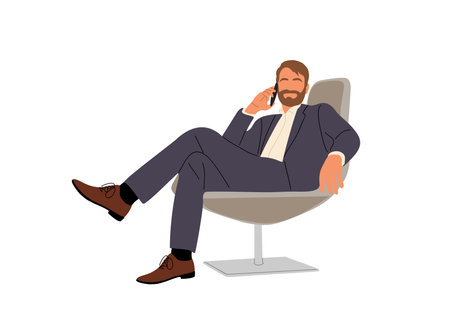 A man in suit is talking on his cell phone while sitting in chair. Concept of relaxation and leisure, as the man is taking a break from his busy day. vector illustration isolated on white background.のイラスト素材