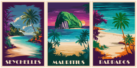 Set of Travel Destination Posters in retro style. Seychelles, Mauritius, Barbados digital prints. Exotic summer vacation, tropical holidays concept. Vintage vector colorful illustrations.のイラスト素材