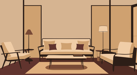 A living room with couch, chairs, table, lamp.のイラスト素材