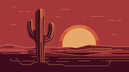 Dramatic sunset in desert landscape with cactus.のイラスト素材