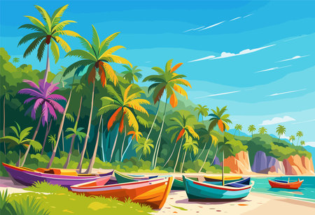 Tropical Sea beach background landscape with boatsのイラスト素材