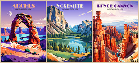 Set of Retro National Parks vector art postersのイラスト素材