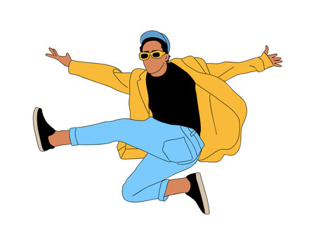Teenager guy dancer hip hop, breakdance colored outline vector drawing on white background. Young cool boy dancing street dance sketch. Korean japanese asian thin line style.のイラスト素材