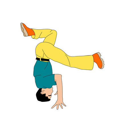 A man is doing a handstand on a white background. The man is wearing a blue shirt and yellow pants. Breakdance dancer teenager. Vector illustration isolated.のイラスト素材