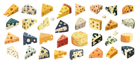 Various types of cheese vector cartoon illustrations set. Cottage cheeses collection isolated on white background. Curd product for design, recipe book, advertising, restaurant menu.のイラスト素材