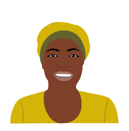 Black woman, face portrait avatar. Modern African American person. Pretty girl in beret, friendly kind female character smiling. Flat cartoon vector illustration isolated on white background.のイラスト素材
