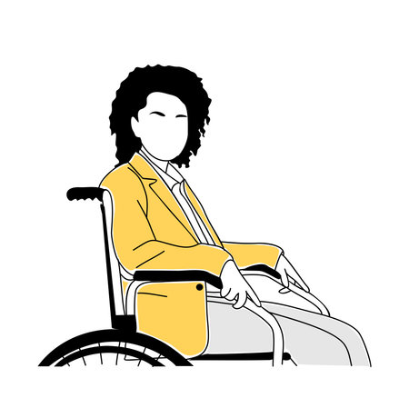 Business woman sitting in wheelchair. Inclusive business concept. Hand drawn outline vector illustration isolated on white background.のイラスト素材
