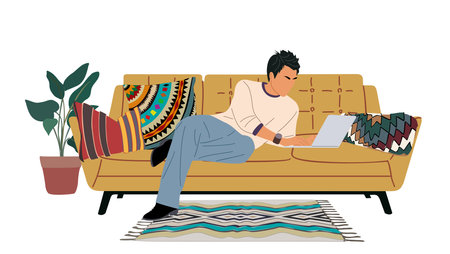 A man is sitting on a couch with a laptopのイラスト素材