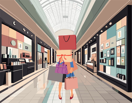 Woman standing with a lot of bags in shopping mallのイラスト素材