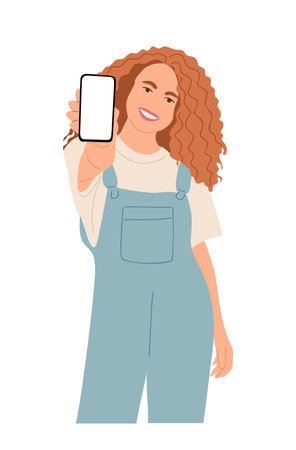 Young woman showing mobile phone screen isolated.のイラスト素材