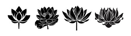 Lotus, Water Lily flower black silhouettes set.のイラスト素材