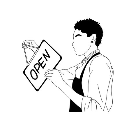 Black woman, small business owner with sign Openのイラスト素材
