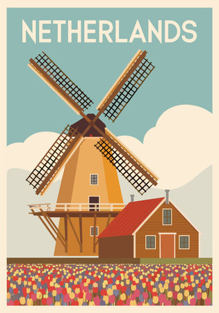 Netherlands Travel art Poster in retro style.のイラスト素材