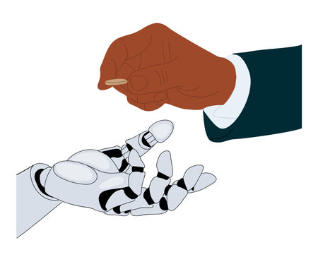 Human business man hand putting coin to robot armのイラスト素材