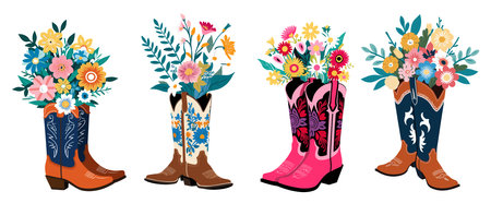 Set of different Cowboy boots with flowers.のイラスト素材