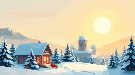 Winter snowy landscape with a houses and treesのイラスト素材