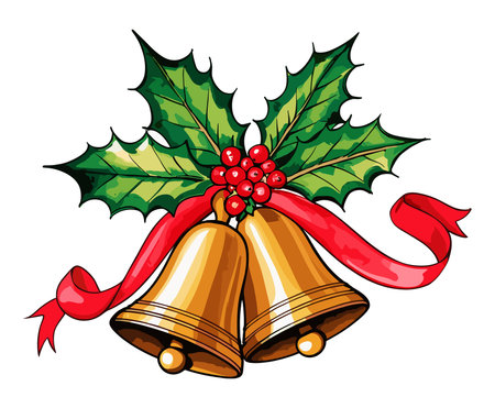 A red ribbon is wrapped around two golden bells.のイラスト素材
