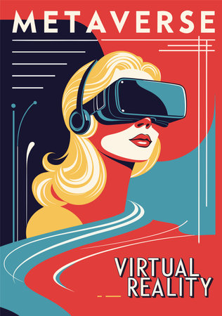 Metaverse retro poster with woman in VR headsetのイラスト素材