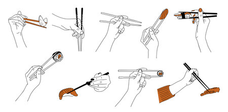 Set of different hands holding Japanese chopsticksのイラスト素材