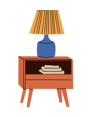 Wooden nightstand with lamp and books on it.のイラスト素材