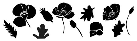 Silhouettes of abstract poppy flowers, leaves setのイラスト素材