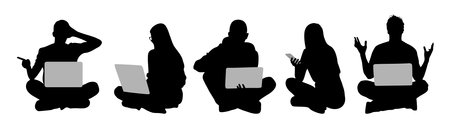 Silhouettes group of people sitting with laptopのイラスト素材