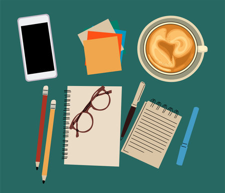 Coffee cup, paper sheets with smartphone, pensのイラスト素材