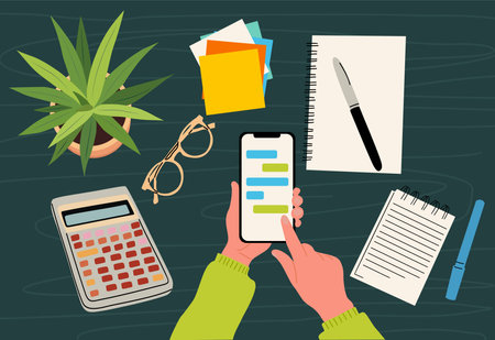 Vector illustration of a workplace desk top viewのイラスト素材