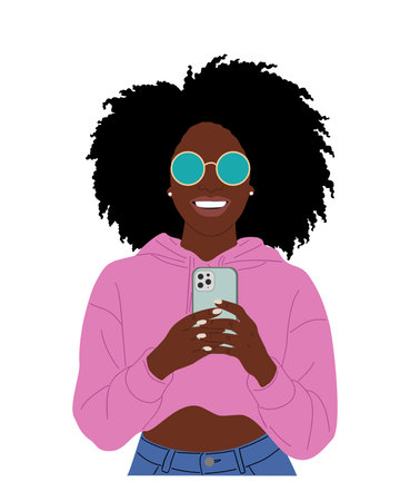 Young black woman using smartphone vector isolatedのイラスト素材