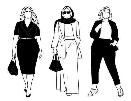 Set of different business women line art drawingのイラスト素材