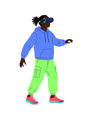 Stylish Black man wearing neon outfit, VR glassesのイラスト素材