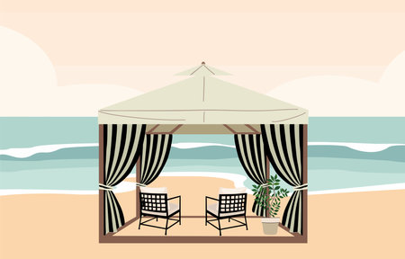 Beach pergola with beige tent and striped curtainsのイラスト素材