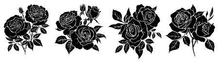 Black vector art silhouettes of rose bouquetsのイラスト素材