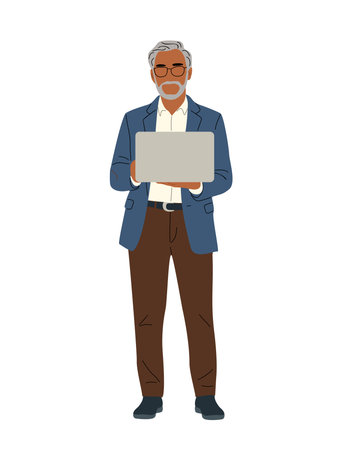 Elderly business man standing, holding a laptopのイラスト素材