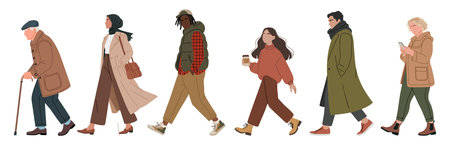 Set of diverse people walking in autumn clothingのイラスト素材