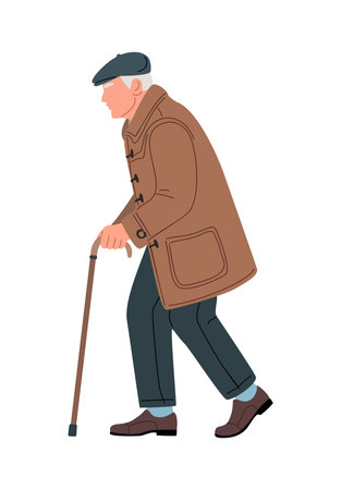 Elderly man in coat walking with a caneのイラスト素材