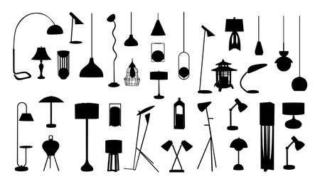 Set of modern desk, floor lamp silhouettesのイラスト素材