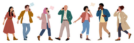 Flat vector illustration of diverse men and women walking while talking on smartphones, modern...