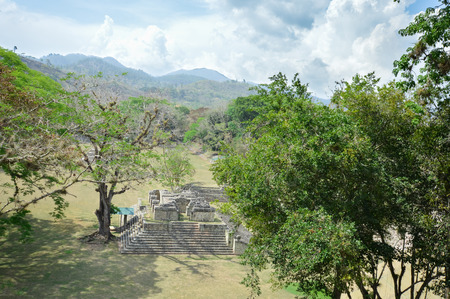 Ball Court structures seen from the top of Acropolis, at Copan archaeological site of Maya civilization in Hondurasの写真素材