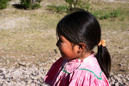 Creel, Mexico - October 9, 2014: Indigenous Tarahumara girl is seen wearing traditional bright outfit in Copper Canyons, Chihuahua, Mexico on October 9, 2014のeditorial素材