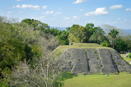 The pyramid at the Plaza A-1 at Xunantunich archaeological site and the panoramic views seen from the top of El Castillo pyramid, San Ignacio, Belizeの写真素材