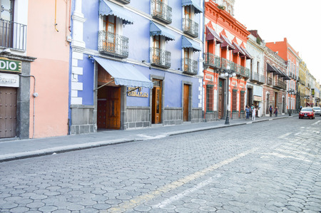 Puebla, Mexico - November 7, 2014: People stroll the streets of the beautiful colonial city of Puebla in Mexicoのeditorial素材