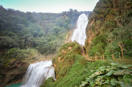 Beautiful El Chifflon waterfalls in the state of Chiapas, near Comitan de Dominguez, Mexico. The bigger waterfall is called Bridal Veilの写真素材