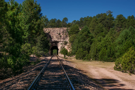 The landscape with the Copper Canyons railway road near Creel, Chihuahua, Mexicoの写真素材