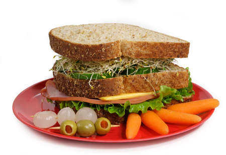 healthy sandwich served on a red plateの写真素材