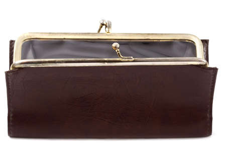 Brown woman wallet open, empty, white backgroundの写真素材